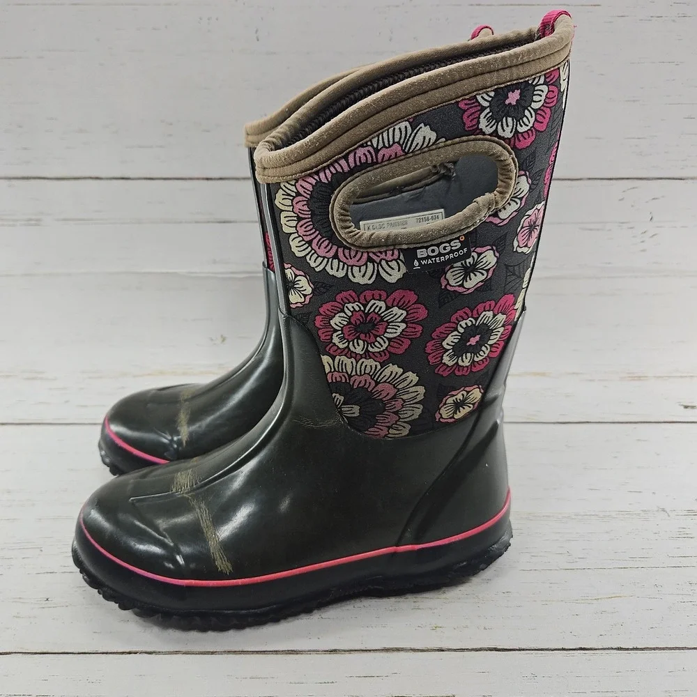 Bogs Boots Youth Size 3 Gray Pink Pansies Pull On Winter Rain Waterproof 72158